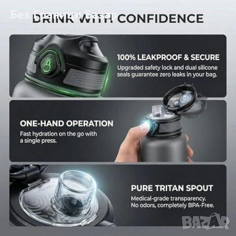 Нова спортна 1L Tritan бутилка за вода с цедка непротичаща матово сива, снимка 4 - Други - 53839713