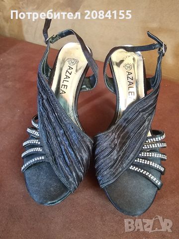 Сандали,сатен,висок ток,номер 36,цвят-черен,велур,камъчета., снимка 1 - Дамски обувки на ток - 45595509