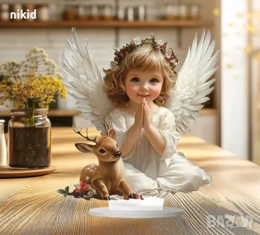 2D Акрилен топер Момиче момиченце ангел фея със сърна на стойка основа украса декор статуетка, снимка 2 - Други - 50164322