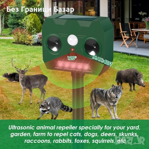 Нов Соларен ултразвуков уред против животни с PIR сензор IPX65 за градина двор Защита, снимка 2 - Други стоки за дома - 52465994