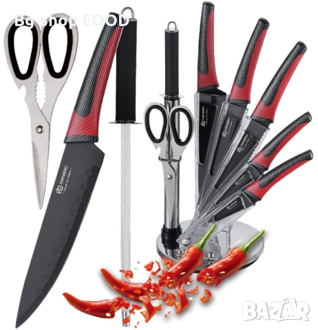 Комплект кухненски ножове от въглеродна стомана от 8 части с ергономични дръжки, черно и червено, снимка 3 - Други - 53744393