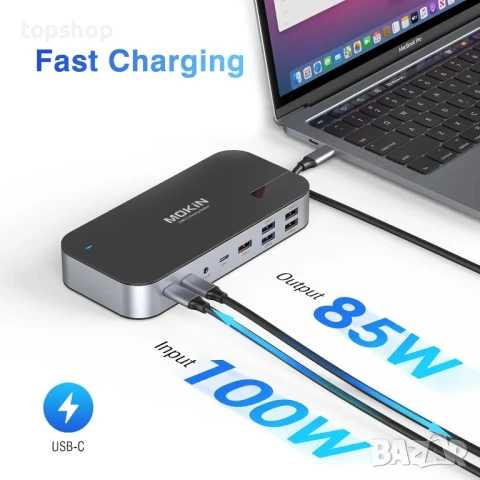 Докинг станция MOKiN за 4 монитора, 16 в 1 USB C с 2 HDMI, DP, 100W PD, USB 3.1/3.0/2.0, RJ 45..., снимка 3 - Кабели и адаптери - 50503803
