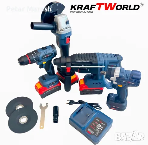 Комплект Акумулаторни Безчеткови Машини 4в1 от Kraftworld Ъглошлайф,Гайковерт,Винтоверт и Перфоратор, снимка 2 - Други инструменти - 50409148