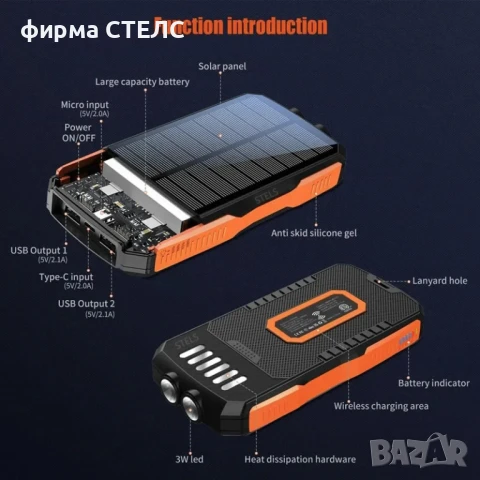  Преносима батерия STELS SolarPro 16K, PowerBank 16000mAh, соларен панел, LED фенер, снимка 15 - Външни батерии - 50564091