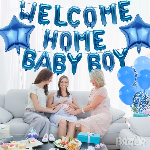 Декорации за момченце "WELCOME HOME BABY BOY" - 38 броя сини фолийни балони със звезди, снимка 6 - Декорация за дома - 53647885