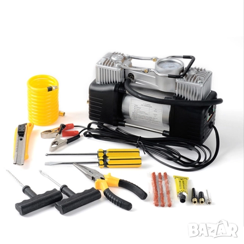 Двуцилиндров компресор с манометър+ инструменти, 12V, 55 л/мин., снимка 2 - Аксесоари и консумативи - 45743037