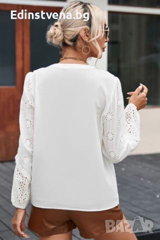 Дамска памучна блуза в бяло с дълъг ръкав и бродерия, снимка 2 - Блузи с дълъг ръкав и пуловери - 45418277