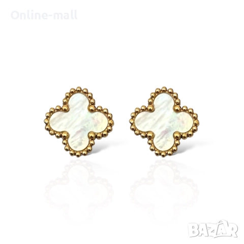 Елегантни обеци бели и черни детелини със златен обков – стил Van Cleef- медицинска стомана, снимка 2 - Обеци - 52425179