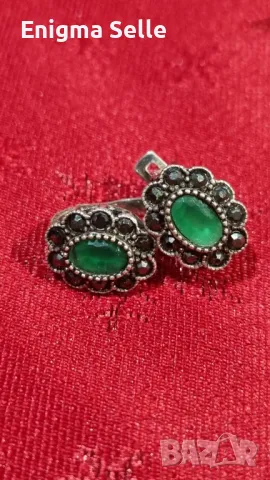 Сребърни обеци проба 925, модел с марказит и изумрудено зелен цирконий
