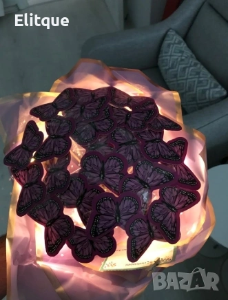 Букет с лилави пеперуди с LED светлина – подарък за любим човек, лилав цветен букет, снимка 3 - Подаръци за жени - 53021327