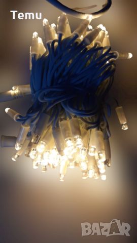 LED лампички тип верига със син кабел и топло бяла светлина, за външен монтаж, 10м