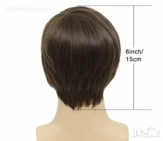 Мъжка къса коса / перука с бретон – кафява, естествен вид, снимка 3 - Аксесоари за коса - 49825759