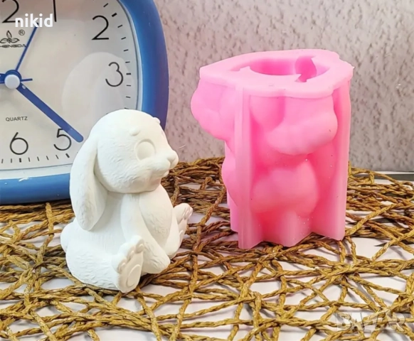 3D Седнал разкрачен заек силиконов молд форма свещ смола гипс шоколад декор украса, снимка 7 - Форми - 51828486