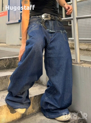 Нови baggy Casual Loose Fit Jeans дънки панталони карго двойни черно сини дизайн размер 34, снимка 5 - Дънки - 52513383