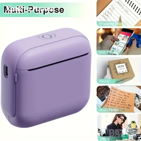 Термо принтер мини принтер за смартфон с 15 ролки хартия торбичка фулмастри - Бял Зелен Лилав, снимка 7 - Други - 50004428