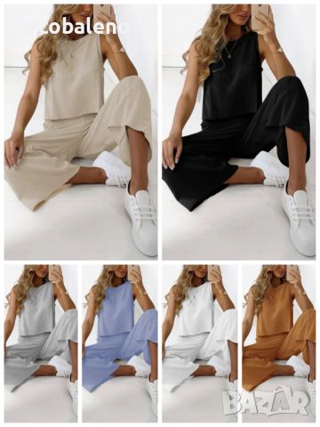 Дамски свободен едноцветен комплект риза и панталон от две части, 6цвята 