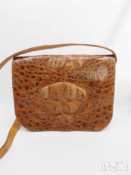Винтидж дамска чанта с много отделения, от естествена кожа, наподобяваща крокодилска, снимка 1
