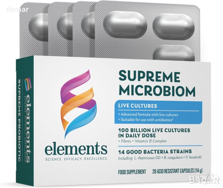 Elements Supreme Microbiom Пробиотик за здраве на червата без ГМО, без глутен,28 капсули, снимка 1