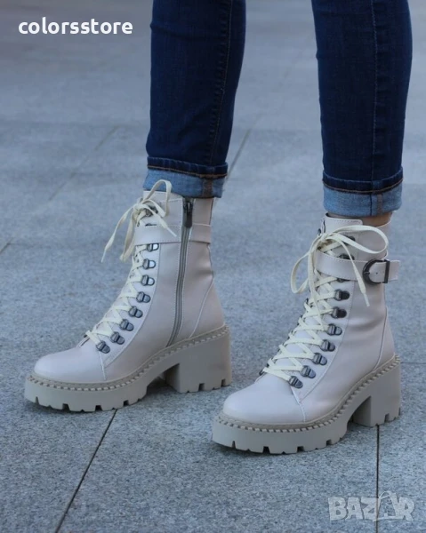 Боти на ток - бежова кожа - TDS90 , снимка 1