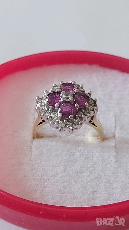 Златен пръстен с естествени рубини и брилянти, снимка 1