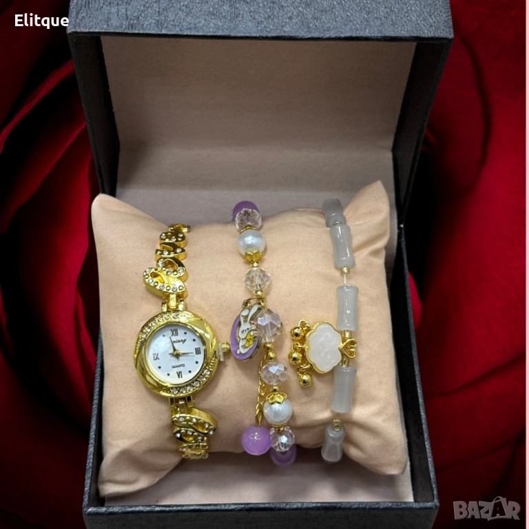 Нежен подаръчен комплект часовник с цирконии и два броя гривни Gift9, снимка 1