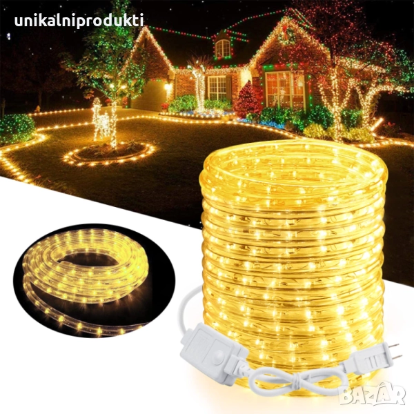 Соларен коледен LED маркуч топла светлина 7м със сменящи шоу програми, снимка 1