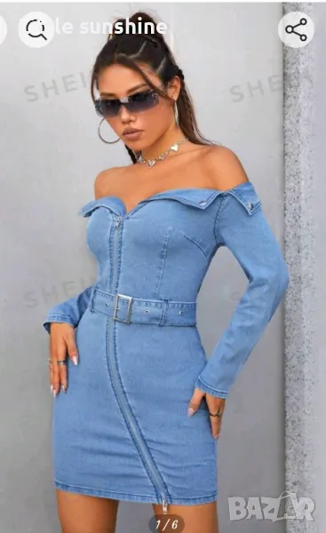 Дънкова рокля с голи рамена, снимка 1