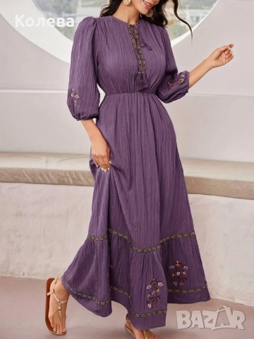 Лилава рокля с дълъг ръкав и цветни бродерии, снимка 4 - Рокли - 52217057
