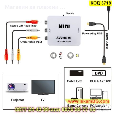 Адаптер видео и стерео аудио AV (RCA) към HDMI Full HD 1080p - КОД 3718, снимка 8 - Друга електроника - 45101320