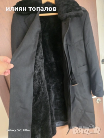 Черна шуба от плат с цяла подплата от агнешка кожа , снимка 6 - Якета - 36479456