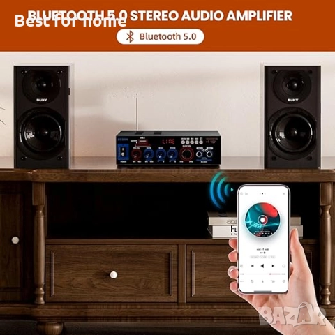 Мини Bluetooth 5.0 усилвател, HiFi стерео с миксер с USB/SD карта/вход за микрофон/FM , снимка 2 - Ресийвъри, усилватели, смесителни пултове - 51472925