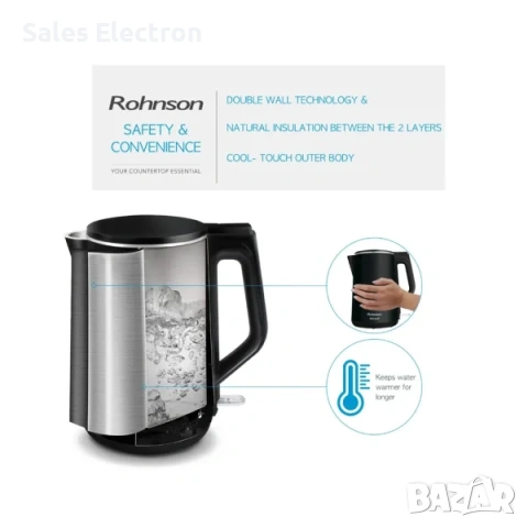 Продавам нова с 2год. гаранция - Rohnson R-7528 Нагревателна кана 1.5 л, снимка 2 - Кани - 54168738