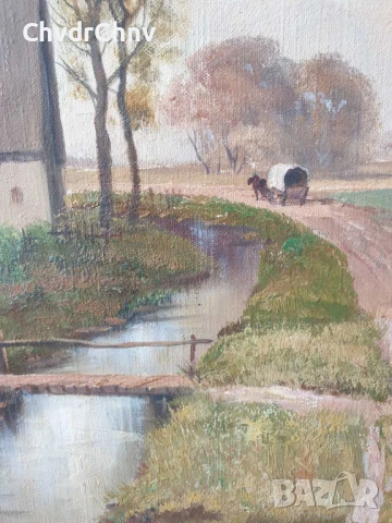 Krotter 77х67см/стара австрийска картина масло върху платно/пейзаж/къщи-река/дървена рамка, снимка 4 - Картини - 51217429