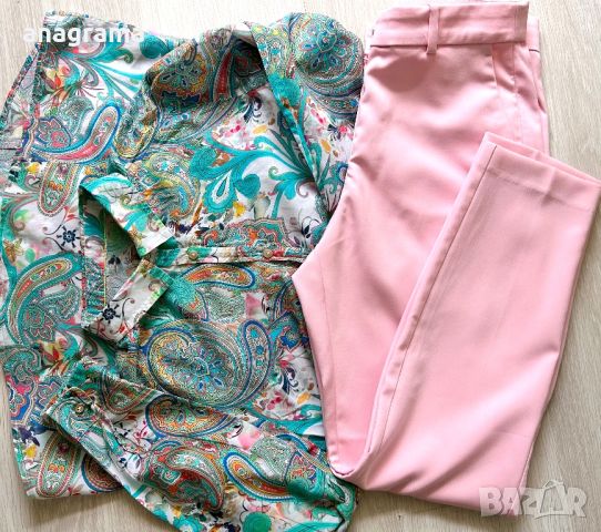 Фина памучна риза и прекрасен панталон в бледо розово, снимка 2 - Панталони - 46359343