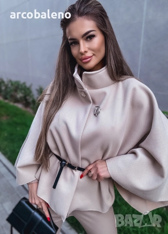 Дамско елегантно бежово пончо с колан , снимка 5 - Туники - 52157846