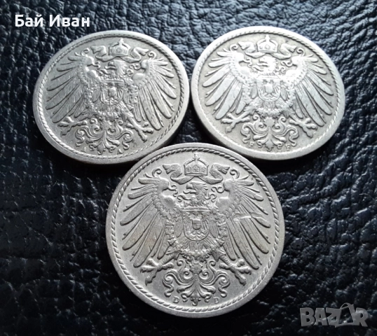 Стара монета 5 пфенига 1908 г. букви A , D и F - Германия -три разновидности !, снимка 7 - Нумизматика и бонистика - 39779148