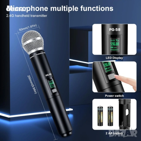 Безжична UHF микрофонна система с два динамични микрофона, до 60 м, снимка 7 - Микрофони - 53645861
