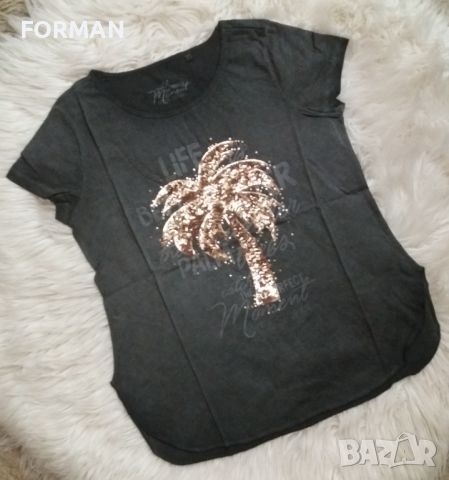 СТРАХОТНИ удължени тениски в опушен цвят графит с щампа палма от златисти пайети, снимка 2 - Тениски - 46018937