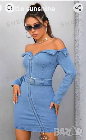 Дънкова рокля с голи рамена, снимка 1