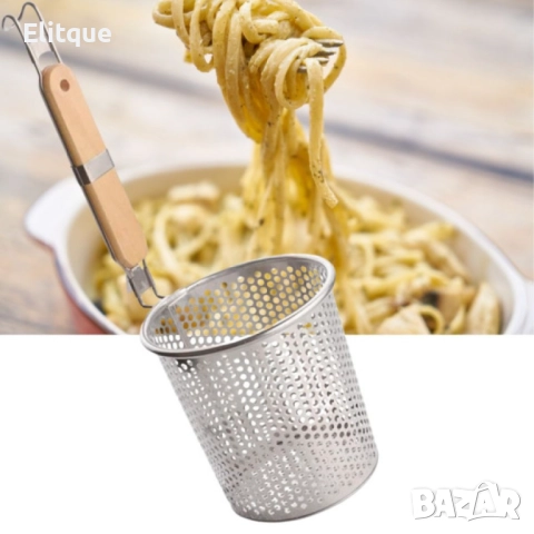 Гевгир за паста тип мрежест кош от неръждаема стомана с дървена дръжка 14см, снимка 5 - Други - 52901480