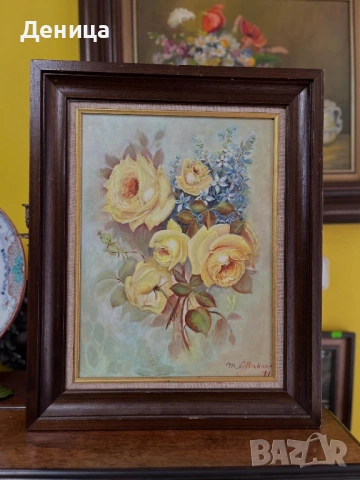 Слънчеви рози и нежни сини звездички  Рисувана върху платно, което е изпънато с фазер и защитено  , снимка 15 - Картини - 53490289