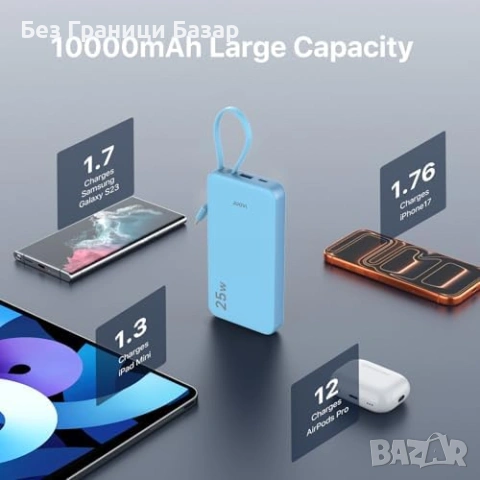 Нов power bank Преносима батерия 25W 10000mAh USB-C кабел 3 изхода LED, снимка 4 - Външни батерии - 53649881