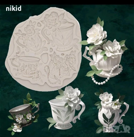 Сервиз чаша чаши с цвете цветя силиконов молд форма фондан декор украса