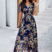Дамска ваканционна миди рокля с V-образно деколте с флорален принт, 4цвята , снимка 6 - Рокли - 45369480