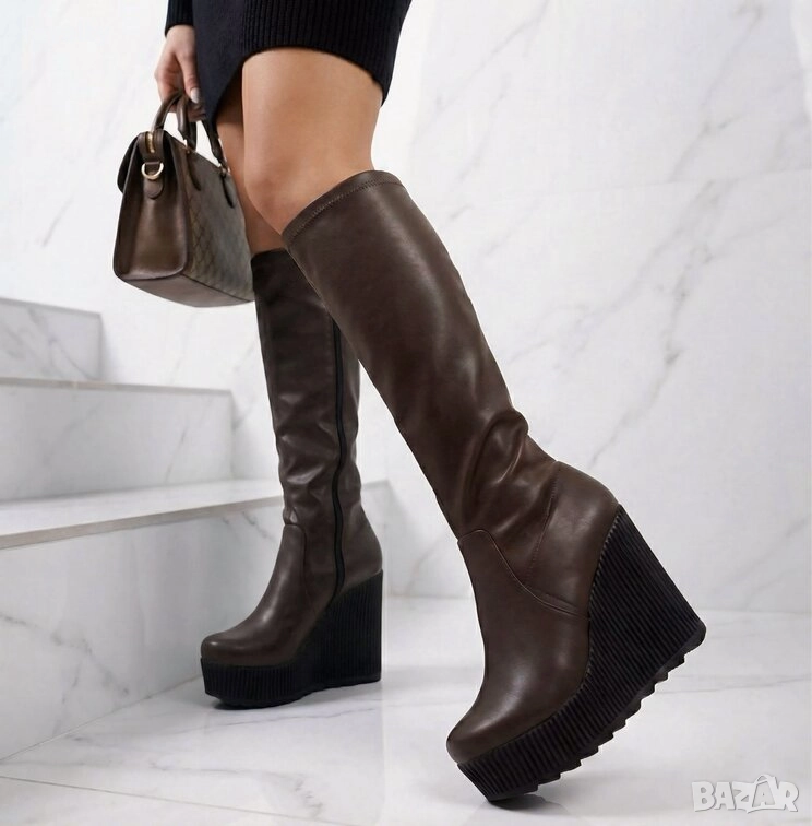 Ботуши на Платформа - Тъмнокафява Кожа, снимка 1
