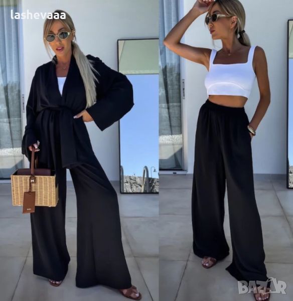 Дамски комплект кимоно и панталон в черно, снимка 1