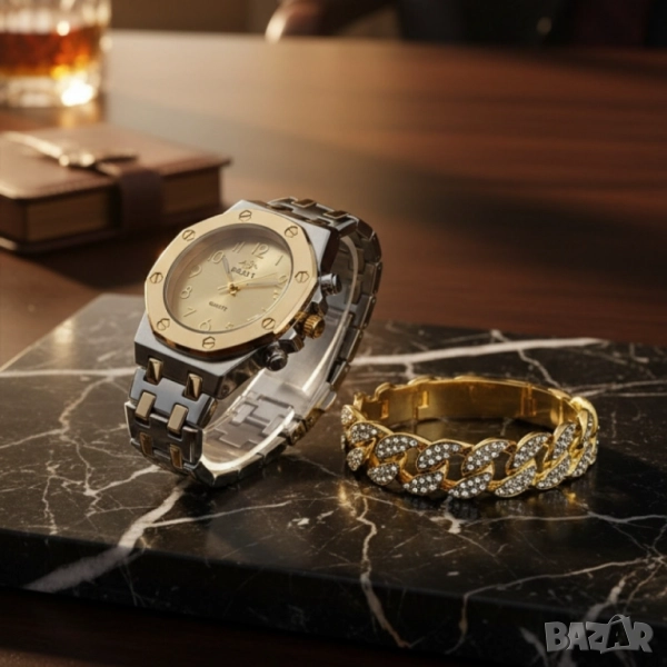 Модерен унисекс часовник със златист циферблат и блестяща гривна, снимка 1