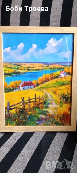 Есенно Селско Платно за Стена 30см.x 40см.- Живописен Есенен Пейзаж с Къща ,Златни Дървета , снимка 1