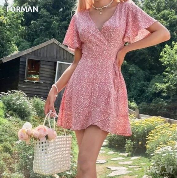 Розова рокля тип "прегърни ме" с нежен принт мозайка , снимка 1