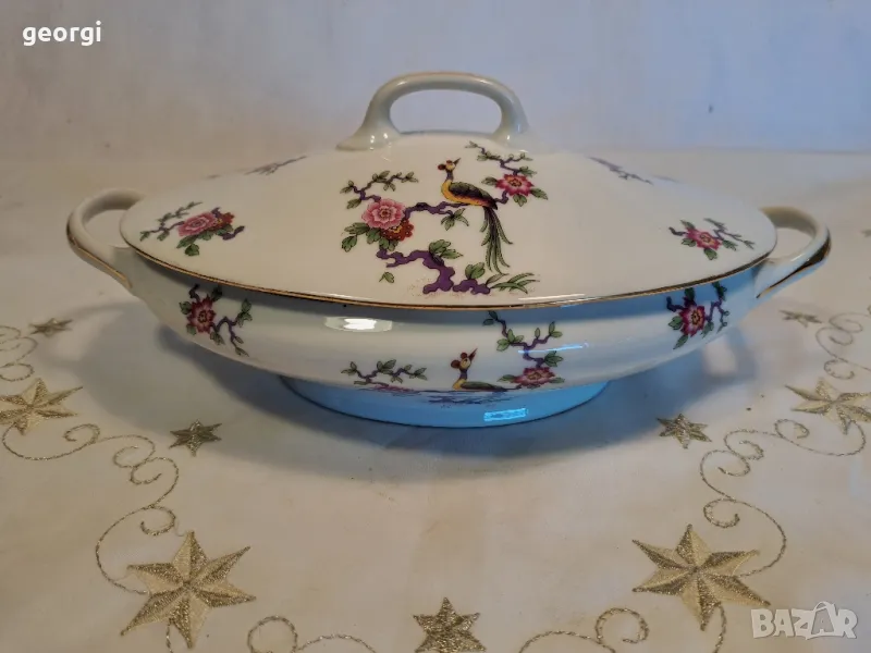 френски супник терин с рози и райски птици Limoges   8/2, снимка 1